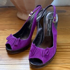 Rickard Shah plum suede platform heel sling-backs, size 7